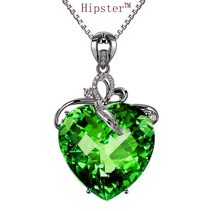 Hot Selling Fashion Trendy Couple Natural Green Crystal Love Heart Romantic Pendant Necklace