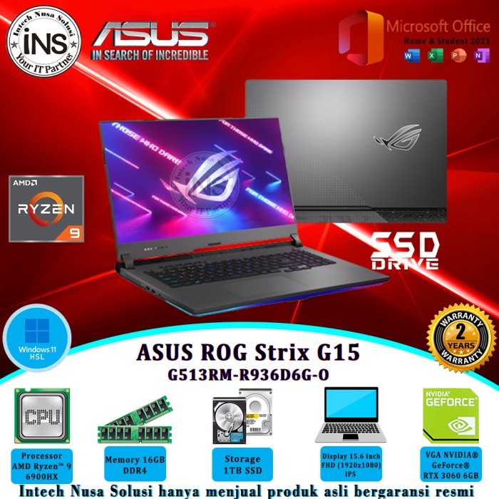 ASUS ROG Strix G15 G513RM Ryzen 9 6900HX 16GB 1TB SSD RTX3060 WIN11HSL OHS 21 2YR
