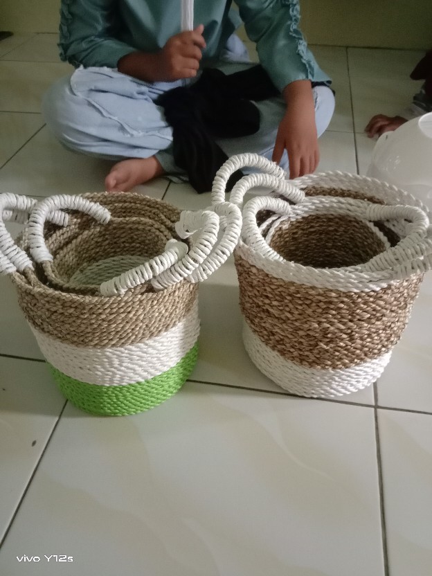 Keranjang Meja Set Isi 3pc White Anyaman Cover Pot Tanaman/scandynavian