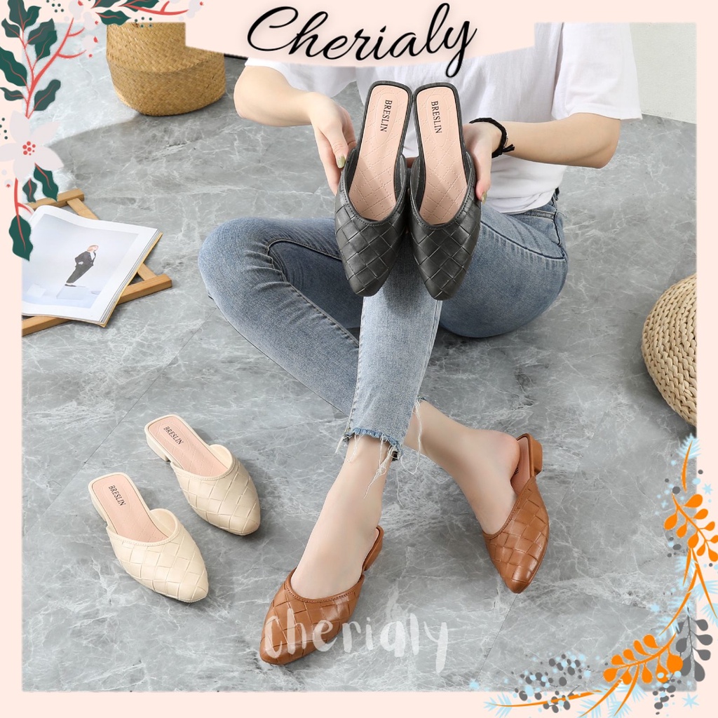 Sandal Slop Wanita Karet Jelly Import Bahan Elastis Empuk Motif Anyam Hak Pendek BRESLIN 2115