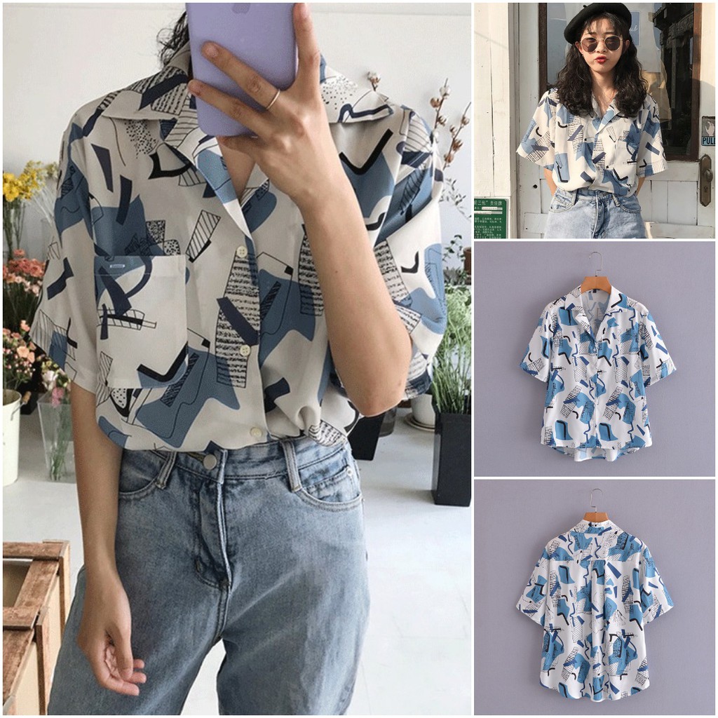 KEMEJA SANTAI WANITA WARNA PUTIH MOTIF BIRU ABSTRAK IMPORT PREMIUM 6VEN1827