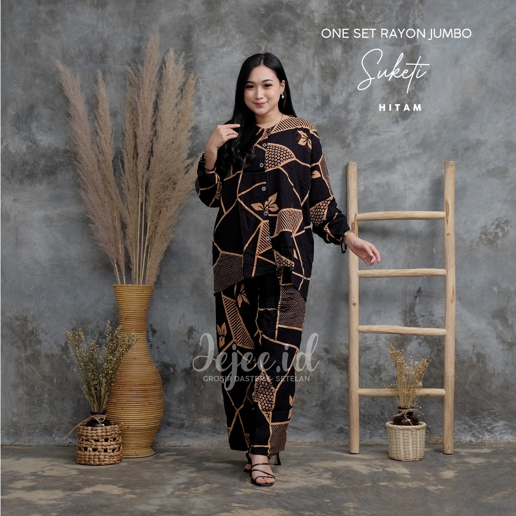 SETELAN RAYON JUMBO LD 120 CM BIG SIZE SUNDARI SET PIYAMA TIE DYE LENGAN PANJANG KANCING-SUKETI-HITAM
