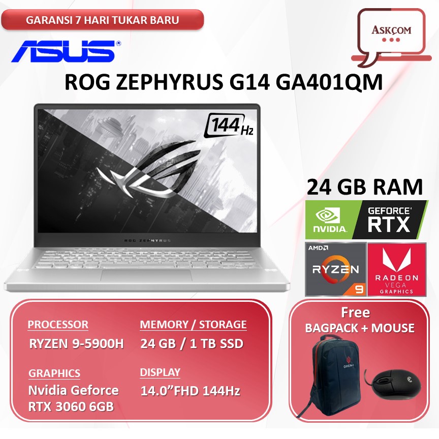 Laptop Gaming Asus Rog Zephyrus G14 GA401QM RTX3060 6GB RYZEN 9 5900 RAM 16GB 1TB SSD 14.0FHD W10