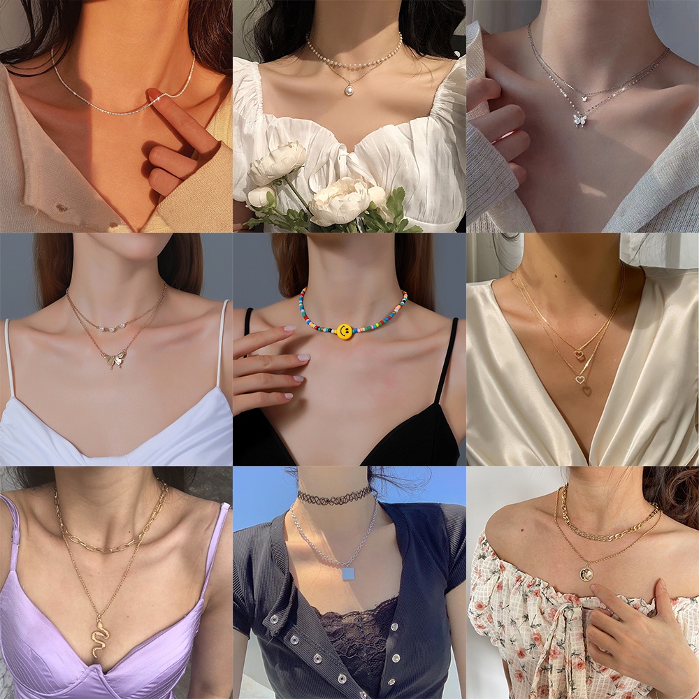AY(CN) Kalung Multilayer Liontin Kupu-Kupu Aksen Mutiara Gaya Korea Untuk Wanita