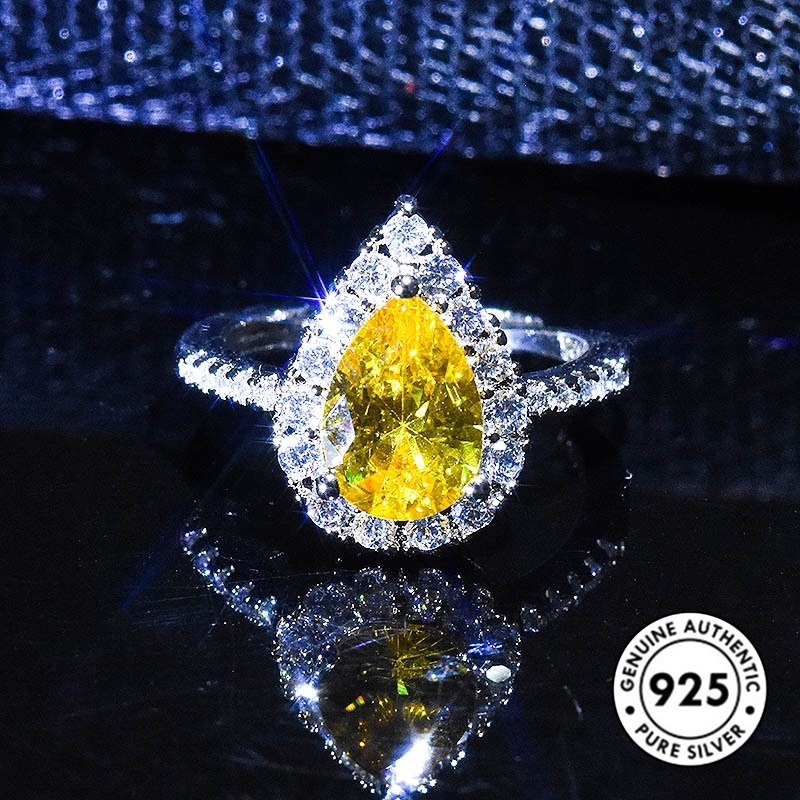 Cincin S925 Silver Bentuk Water Drop Pir Aksen Berlian Warna Kuning