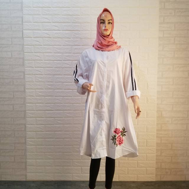 Kemeja Tunik Bordir Bunga - Putih