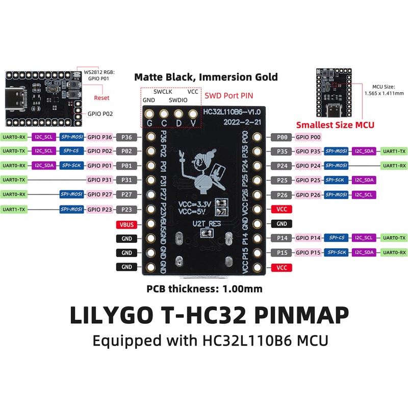 Btsg T-HC32 HC32L110B6 Ukuran Terkecil MCU Ultra-low Power Flexible Power Management WS2812 Untuk KeilIAR Software Support C