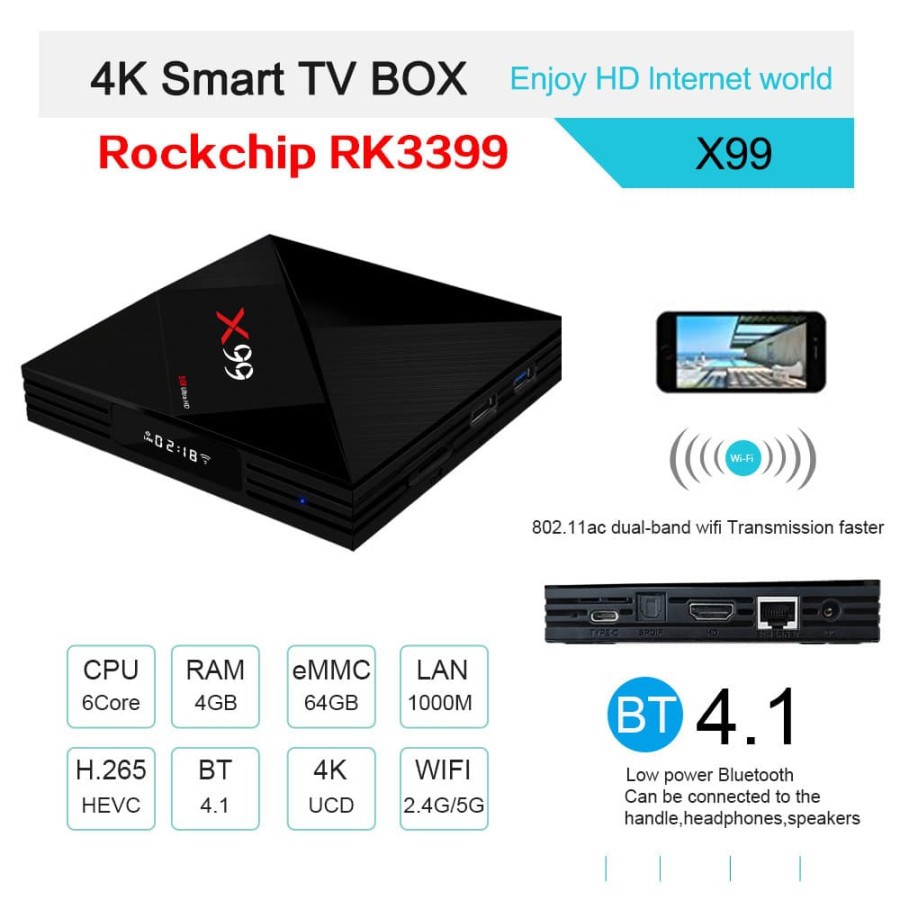 X99 RK3399 TV Box 4K 4GB 64GB Mali-T860MP4 STB Android 7.1