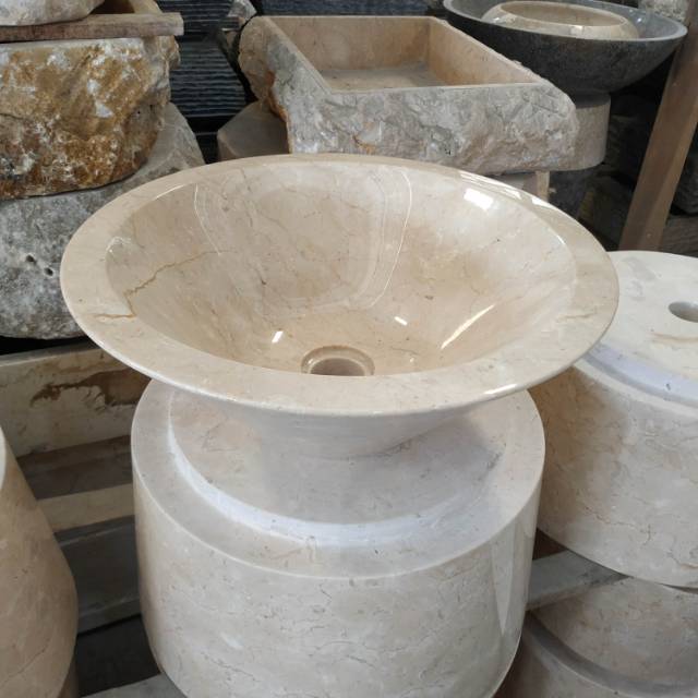 Wastafel batu alam marmer putih model terompet