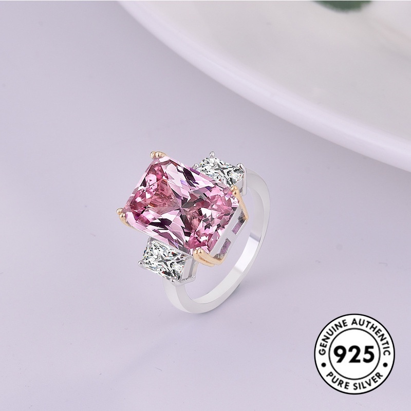 Cincin Silver S925 Hias Kristal Persegi Warna Pink Untuk Wanita