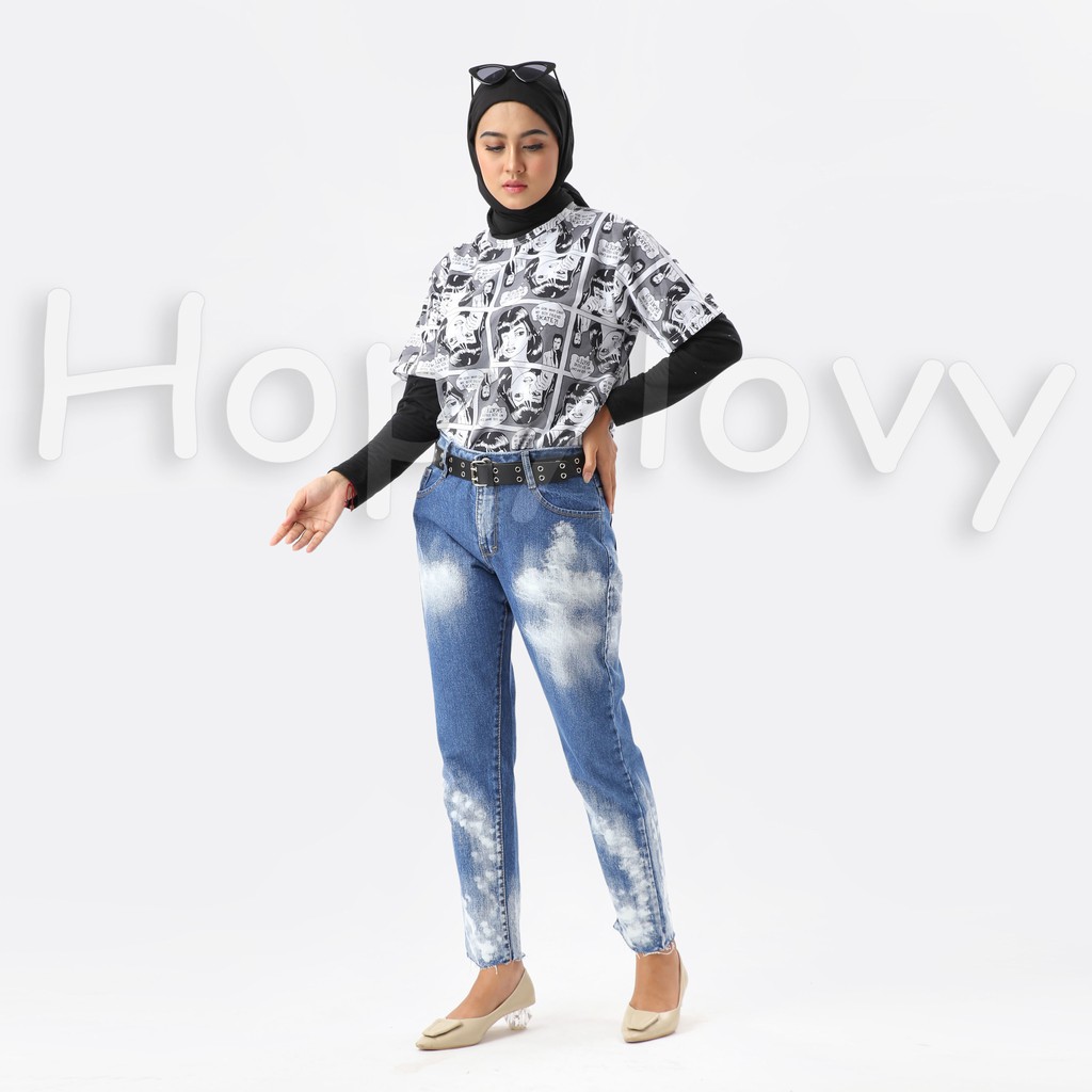 HOPYLOVY - Celana Boyfriend Jeans Wanita BF Tie Dye White Stain Avrina