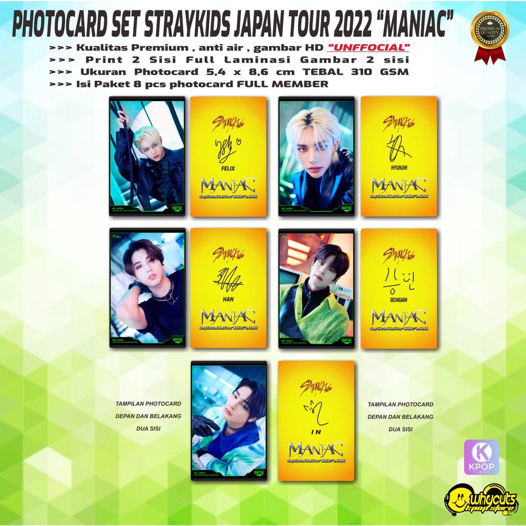 PHOTOCARD SET PC KPOP PREMIUM STRAYKIDS JAPAN TOUR MANIAC / PRINT 2 SISI FULL LAMINASI GLOSSY / ANTI AIR / ART CARTON 310GSM