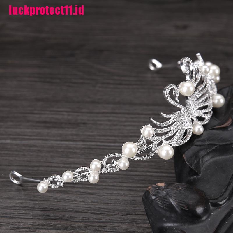 (LUCK) Mahkota / Tiara Wanita Desain Angsa Hias Mutiara + Berlian Imitasi Untuk Pernikahan / Pesta
