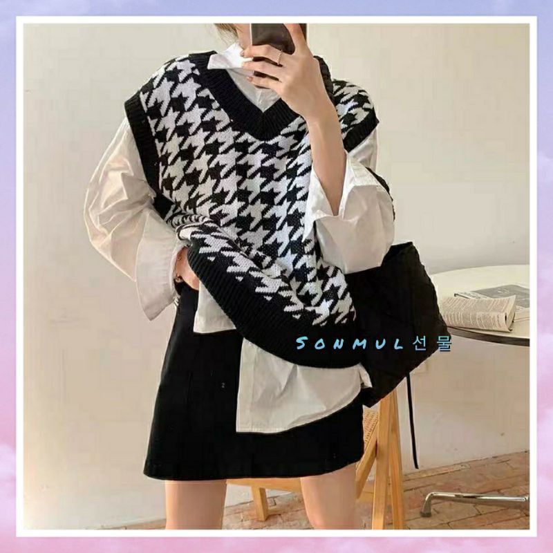 IMPORT WOMAN WINTER AUTUMN HOUNDSTOOTH KNIT VEST ROMPI WANITA RAJUT MUSIM DINGIN