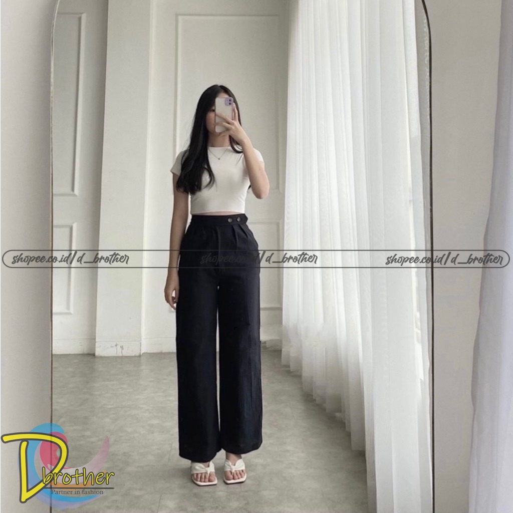 Celana Linen Highwaist VENYTA SIDE LINEN - Celana Linen Kancing 2 Samping