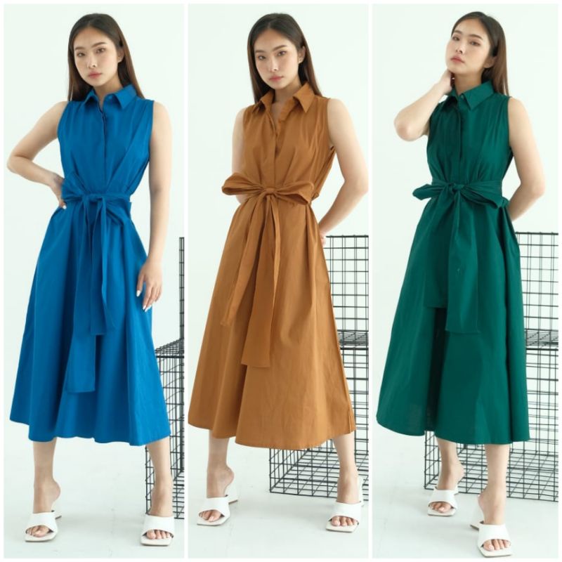 ❣️ SPECIAL PRICE ♡ PREMIUM ♡ ORIGINAL ! MARLENE VINTAGE PLAIN LESS SLEEVE BUTTON MIDI DRESS WITH OBI BELT  ( BUSUI FRIENDLY )