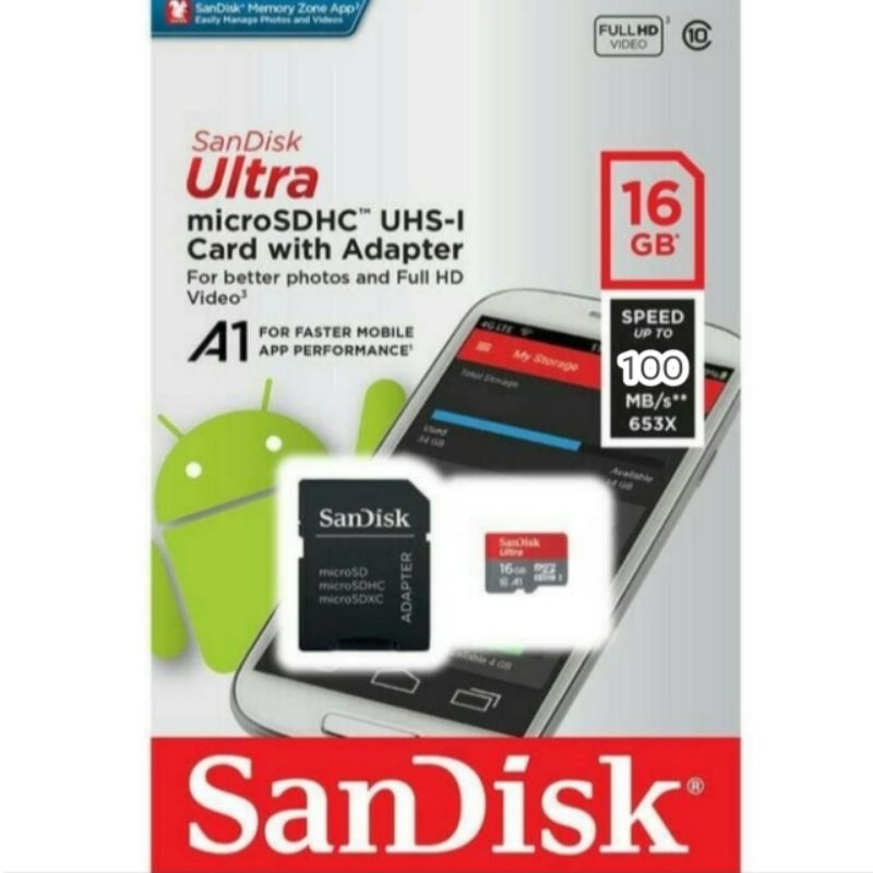 Memori Card  Sandisk Free Adapter/Mmc MicroSD 16GB Class10 Speed Up 100MB/s