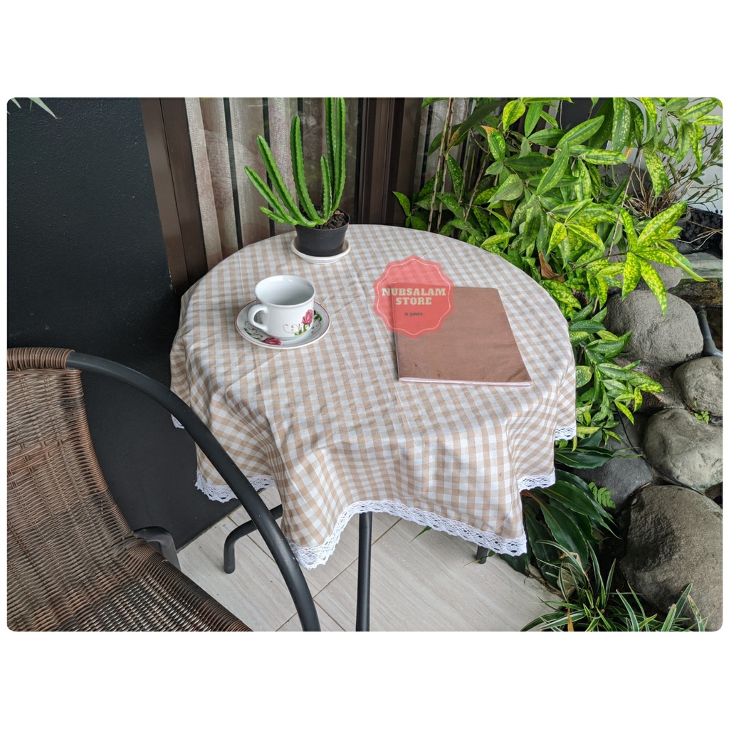 RB Taplak MEJA BULAT RENDA Rajut Estetik Kekinian Motif Kain Kotak-Kotak Gingham Ala Korea Elfarehza
