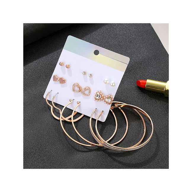 LRC Anting Set Fashion Gold Artificial pearl-studded Heart-shaped Earrings Set D32526