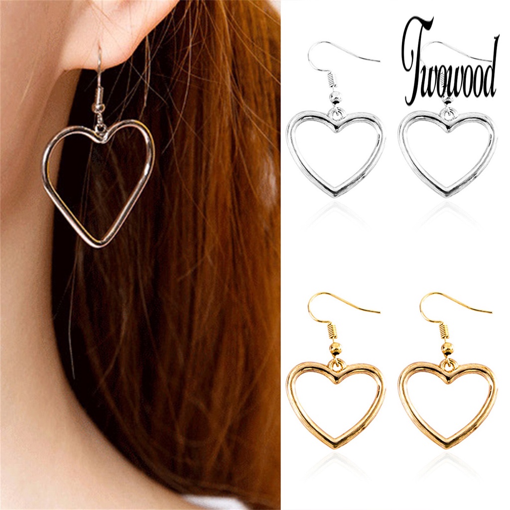 1 Pasang Anting Hook Bentuk Hati Model Hollow Untuk Wanita