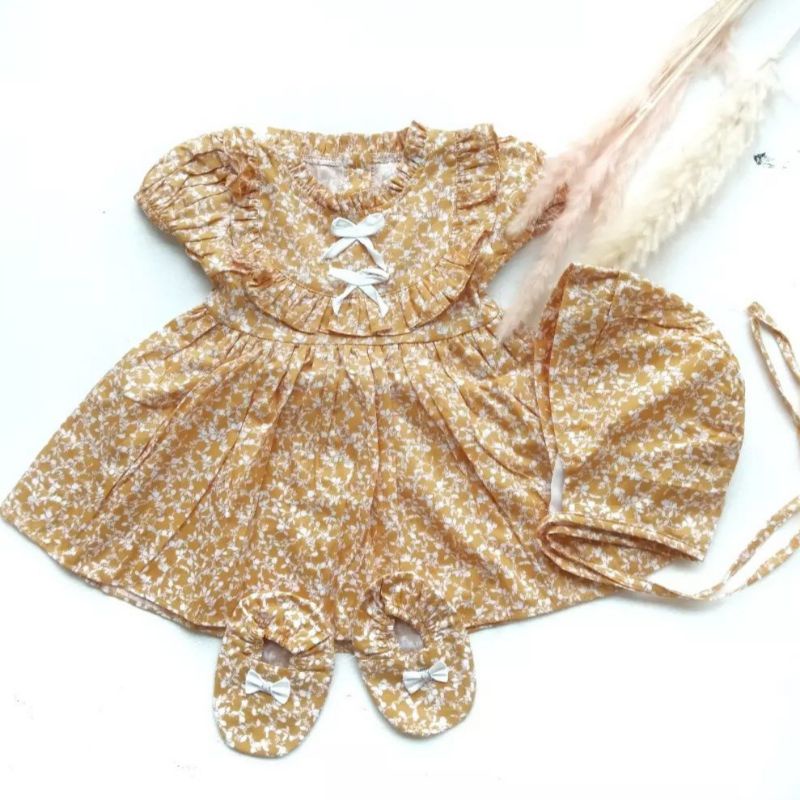 Dress bayi 0 6 12 bulan set sepatu bandana / bonnet Setelan Baju bayi Perempuan 100% Katun SNI Pakaian anak Cewek-0-6bln key kuning