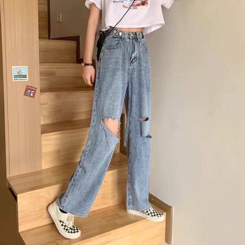 RIPPED JEANS IMPORT HIGHWAIST CELANA PANTS DENIM HW WANITA CEWEK BAGGY UNFINISH MX863