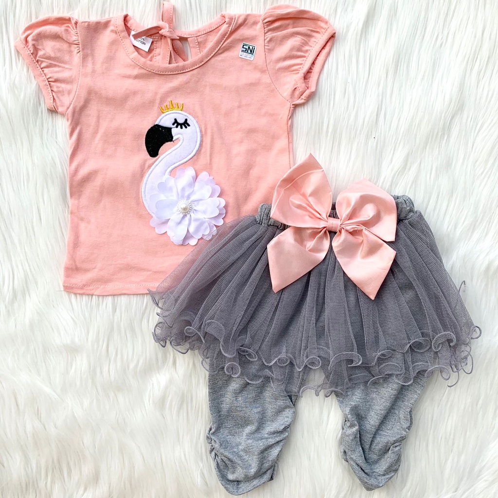 Baju setelan kaos + celana rok tutu motif hewan lucu fashion anak bayi cewek perempuan murah -fla