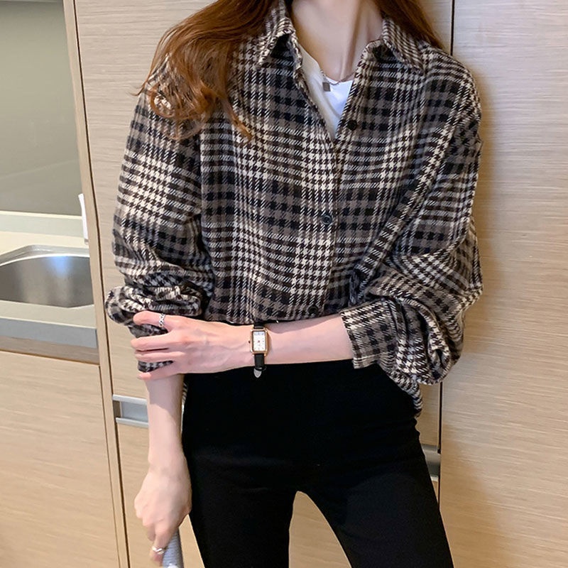 AJWShop Kemeja Flanel Wanita Lengan Balon Oversize Import Tebal Premium | Atasan Kemeja Wanita Jumbo Import Bahan Tebal | Kimberly Kemeja Flanel Import Premium | Kemeja Planel Wanita-TEBAL CreamBlack