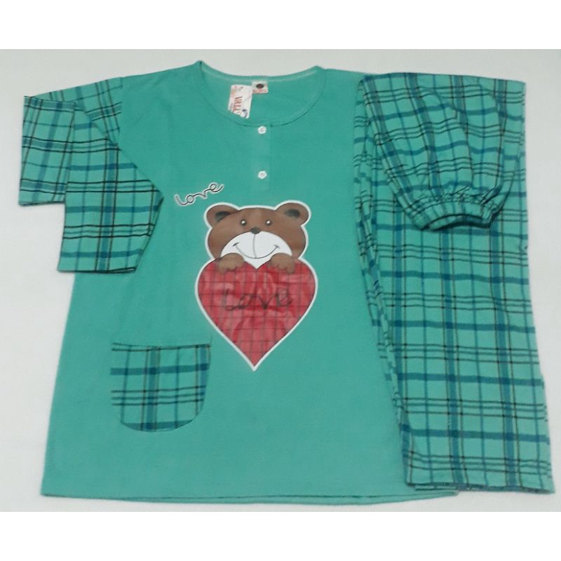 Baju Tidur Dewasa Lengan Panjang CPP XXL Piyama Dewasa murah-HIJAU KOTAK LOVE