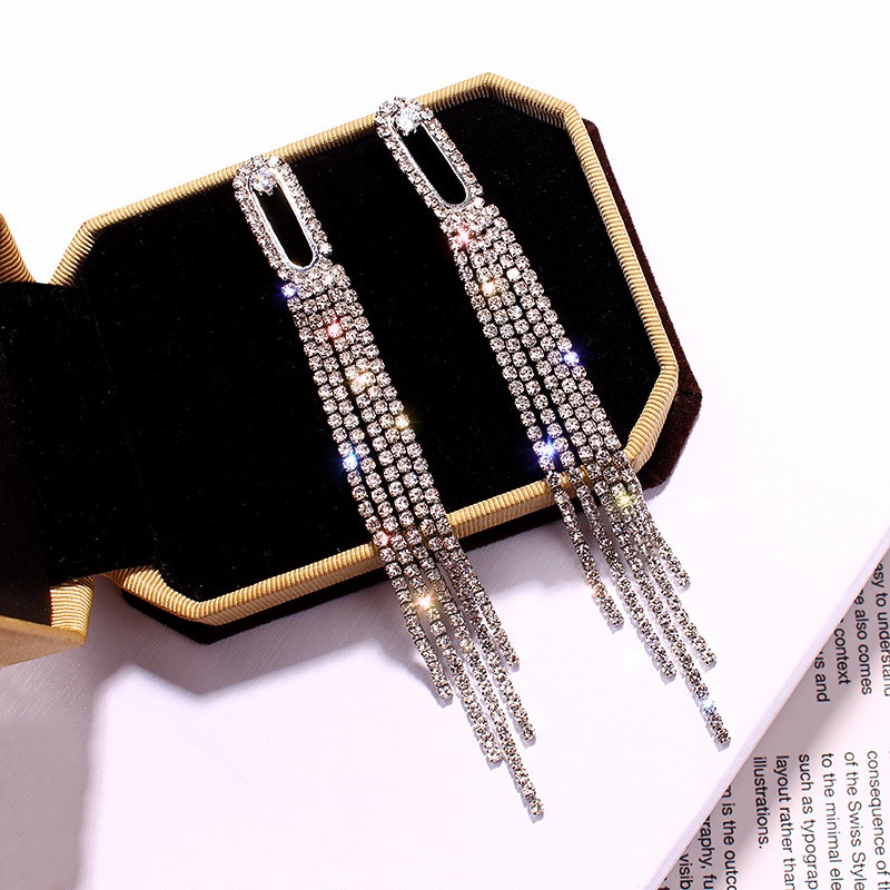 Gold and Silver Rectangle Hollow Geometric Long Tassel Rhinestone Stud Earrings