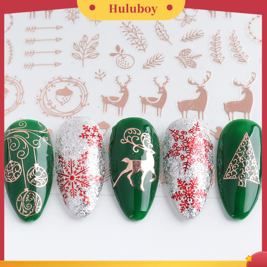 Huluboy Huluboy♡ 3pcs Stiker Kuku Motif Snowflake / Rusa Natal Warna Rose Gold Untuk Dekorasi Manicure