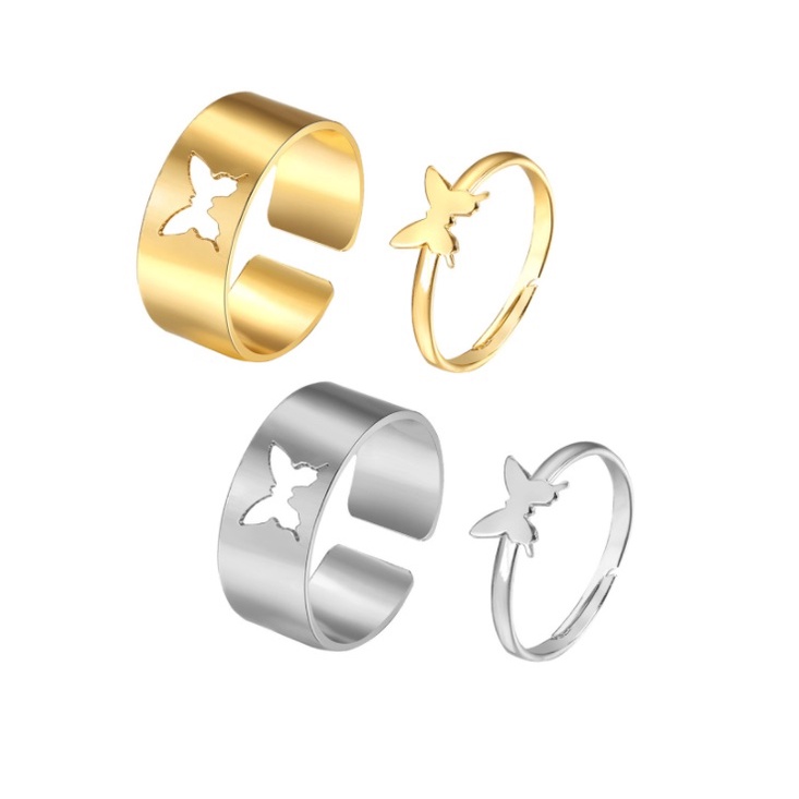 2Pcs Cincin Hip Hop Couple  R04 HOLLOW BUTTERFLY Punk Metal Ring Wanita Open Cuff Korea Fashion Style Aksesoris Couple Pasangan Pria Wanita HipHop