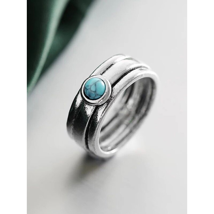 Cincin Wanita Lapis Silver Hias Batu Turquoise Biru Resin Gaya Vintagebohotibetniksimple Untuk Pesta