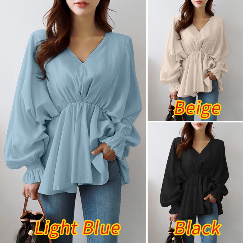 ZANZEA Women V Neck Casual Elastic Waist Lantern Sleeve Ruffles Hem Korea Blouse