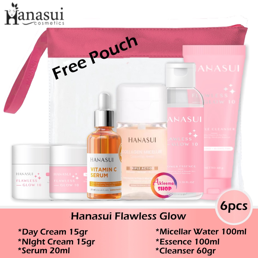 Paket Hanasui Flawless Glow 6pcs (day cream 15gr+night cream 15gr+serum kuning 20ml+Micellar 100ml+essence 100ml+cleanser 60gr)