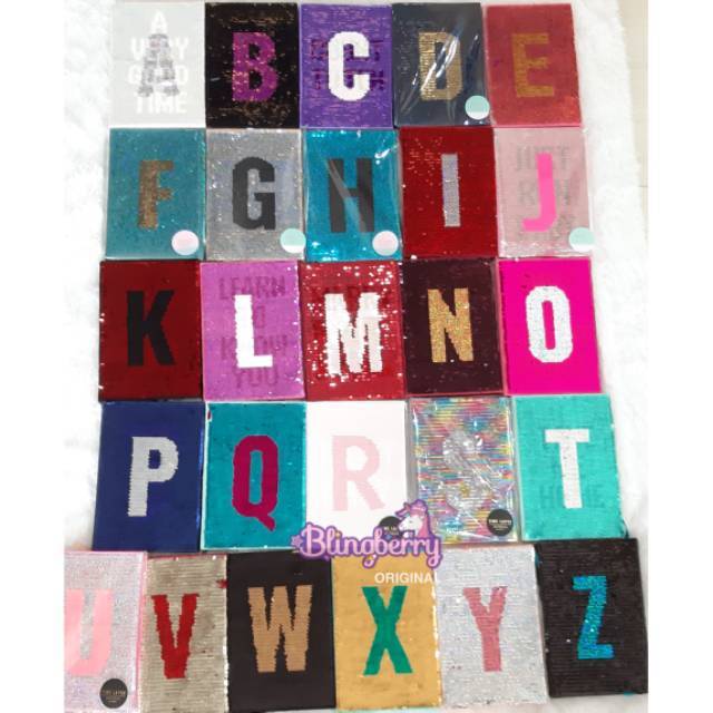 BUKU FLIP Sequin: Notebook Agenda Diary SEQUIN HURUF Alphabet, Bisa Ganti Gambar buku alphabet