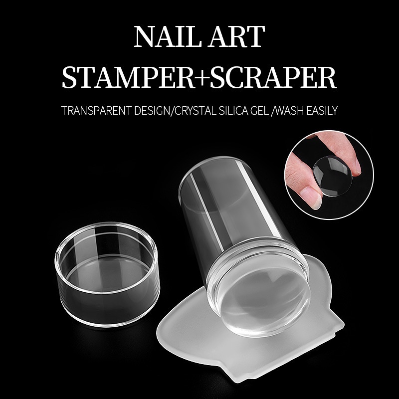 Stampel / Stamp Kuku Silicone + Scraper Dengan Tutup Nail Stamper Nail Art Berkualitas Cap Pegangan Transparan Silikon Pelat Cetak Kuku Bisa Dicuci Washable + Pengoles Cat Kuku