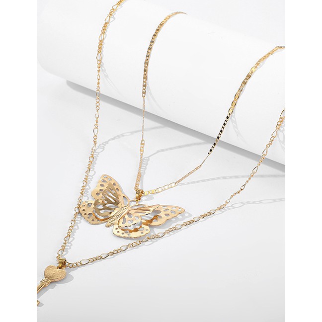 LRC Kalung Fashion Golden Butterfly Key Hollow Alloy Multilayer K51462