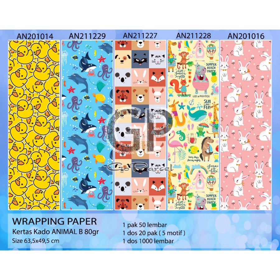 ( 5 Lembar ) KERTAS KADO DOLPHIN / CUTE ANIMAL / SHEEP / DUCK / RABBIT / FISH - GIFT WRAP PAPER VL BINATANG