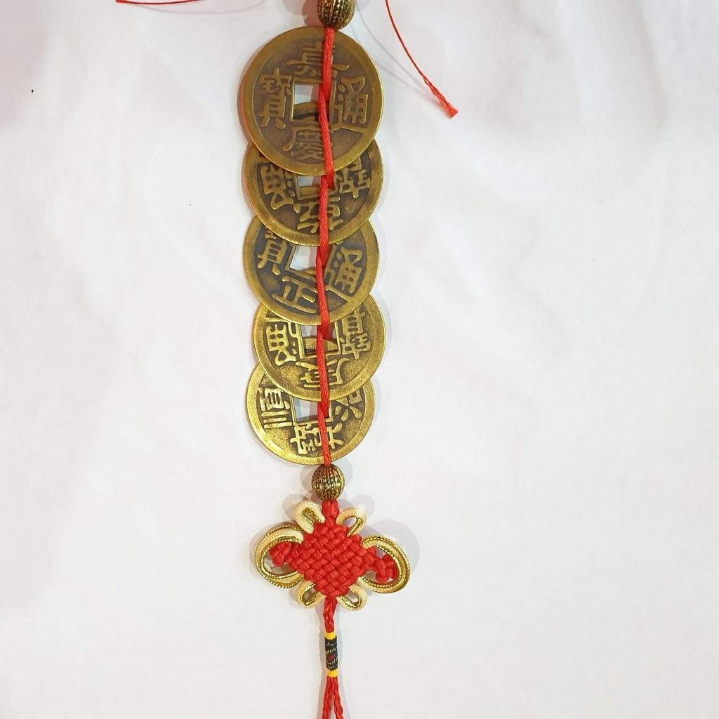 Gantungan Pohon Imlek Tembaga Emas Merah 14 Cm Koin Kuno Uang