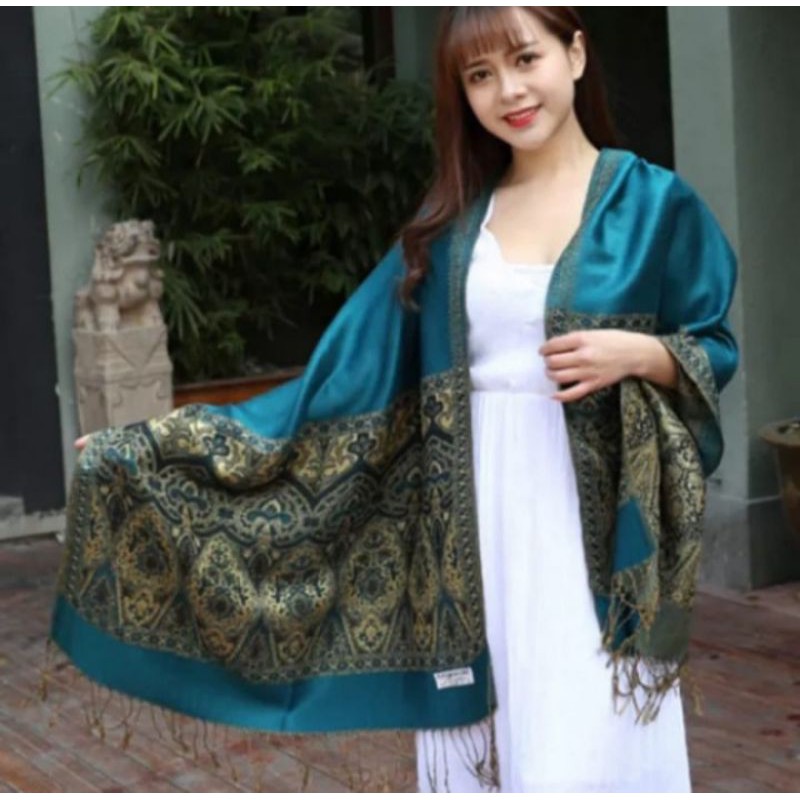 Pashmina Cashmere motif | Selendang | Scarf | Syal | Shawl |-Biru