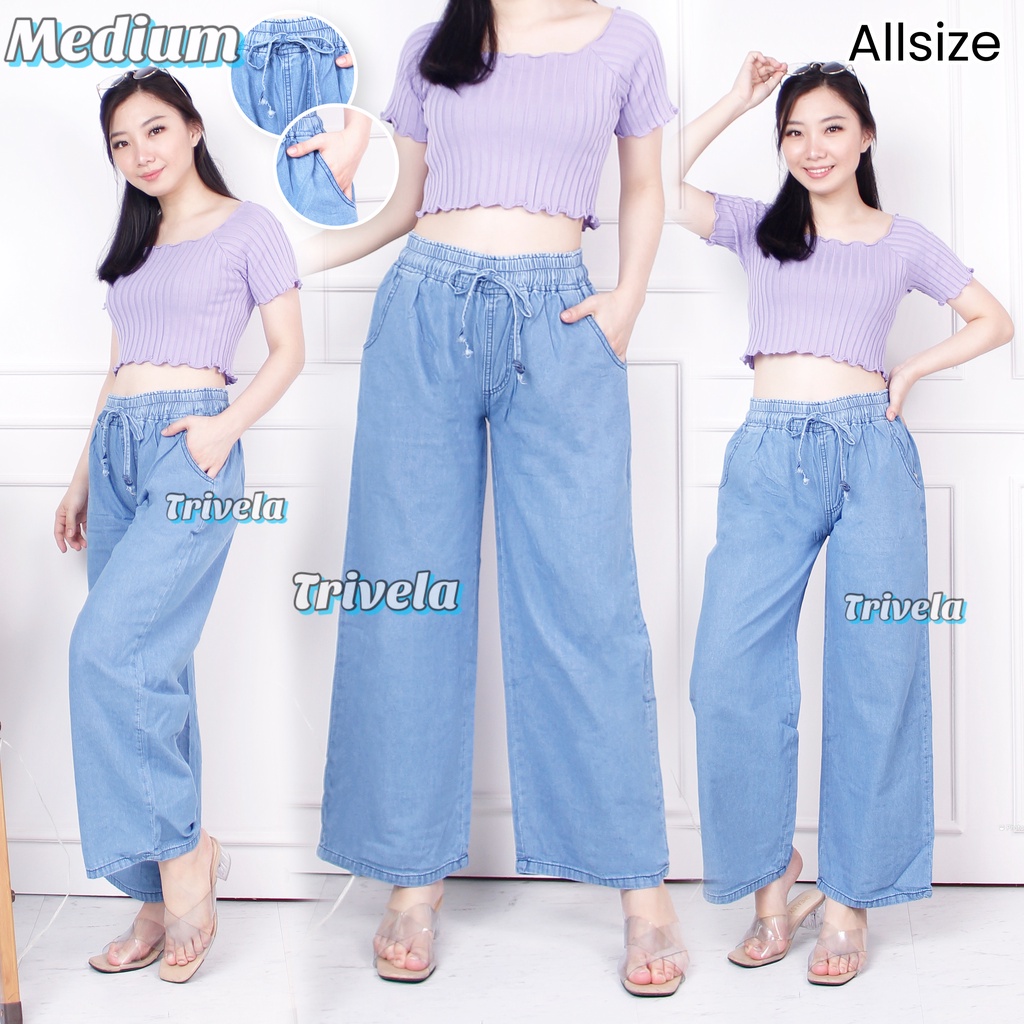 Celana Kulot Jeans Polos All Size / Kulot Pinggang Karet Snow / Kulot Jumbo