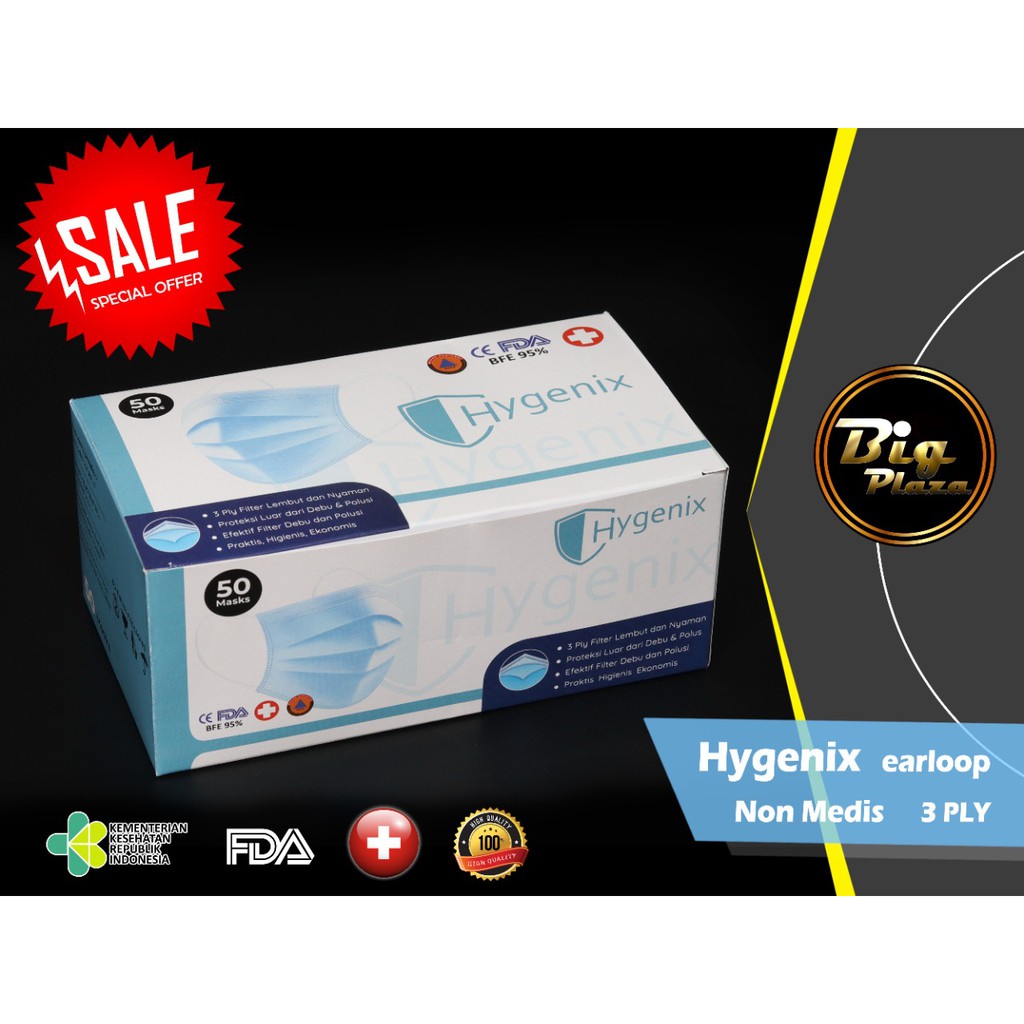 Masker Hygenix Earloop 3ply isi 50 Pcs Murah Hygenix - Big Plaza