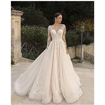 Gaun pengantin ekor elegan lengan panjang