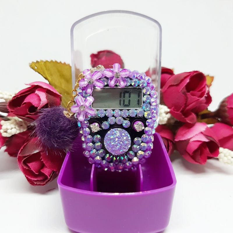 pompom led alarm tasbih digital hias tasdig swarovski ungu alat hitung dzikir souvenir pengajian