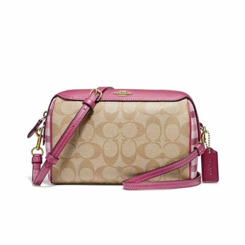 [ORIGINAL 100%] Coach F76630 Signature Gingham Bannett Crossbody Rouge Light Khaki Multi