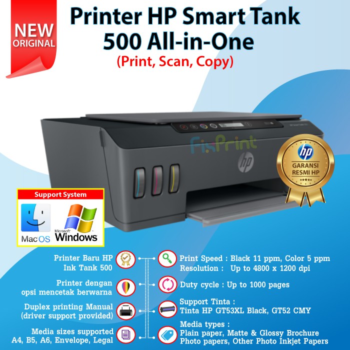 Printer HP Smart Tank 500 Print Scan Copy 4SR29A Tinta HP GT53 GT52