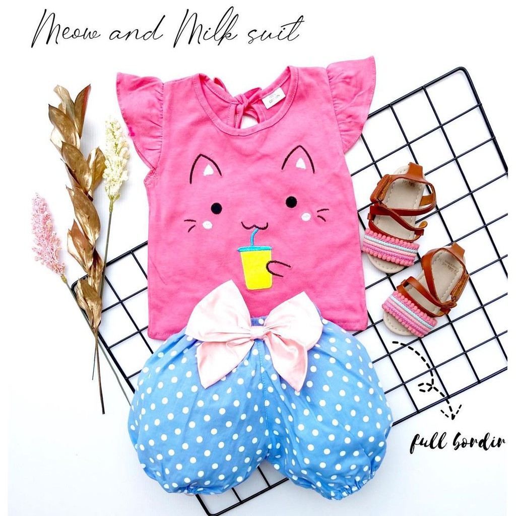 MEOW MILK / BLUSHING MEOW Baju Setelan Celana Pergi Lucu Fashion Anak Bayi Perempuan Cewek Terlaris Lucu Berkualitas