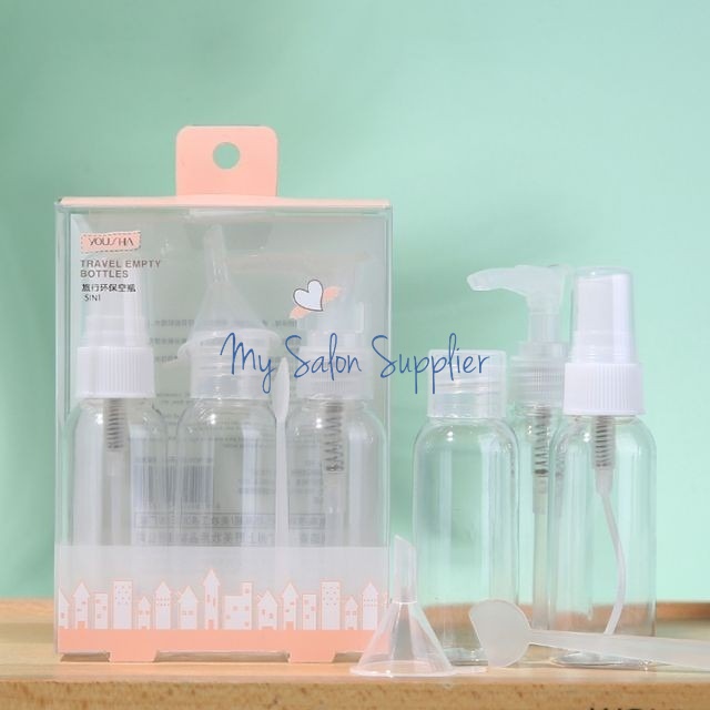 Travel Botol Set isi 5 YK070 PET Spray 50ml + Pump 50ml + Flip Top 40ml + Corong