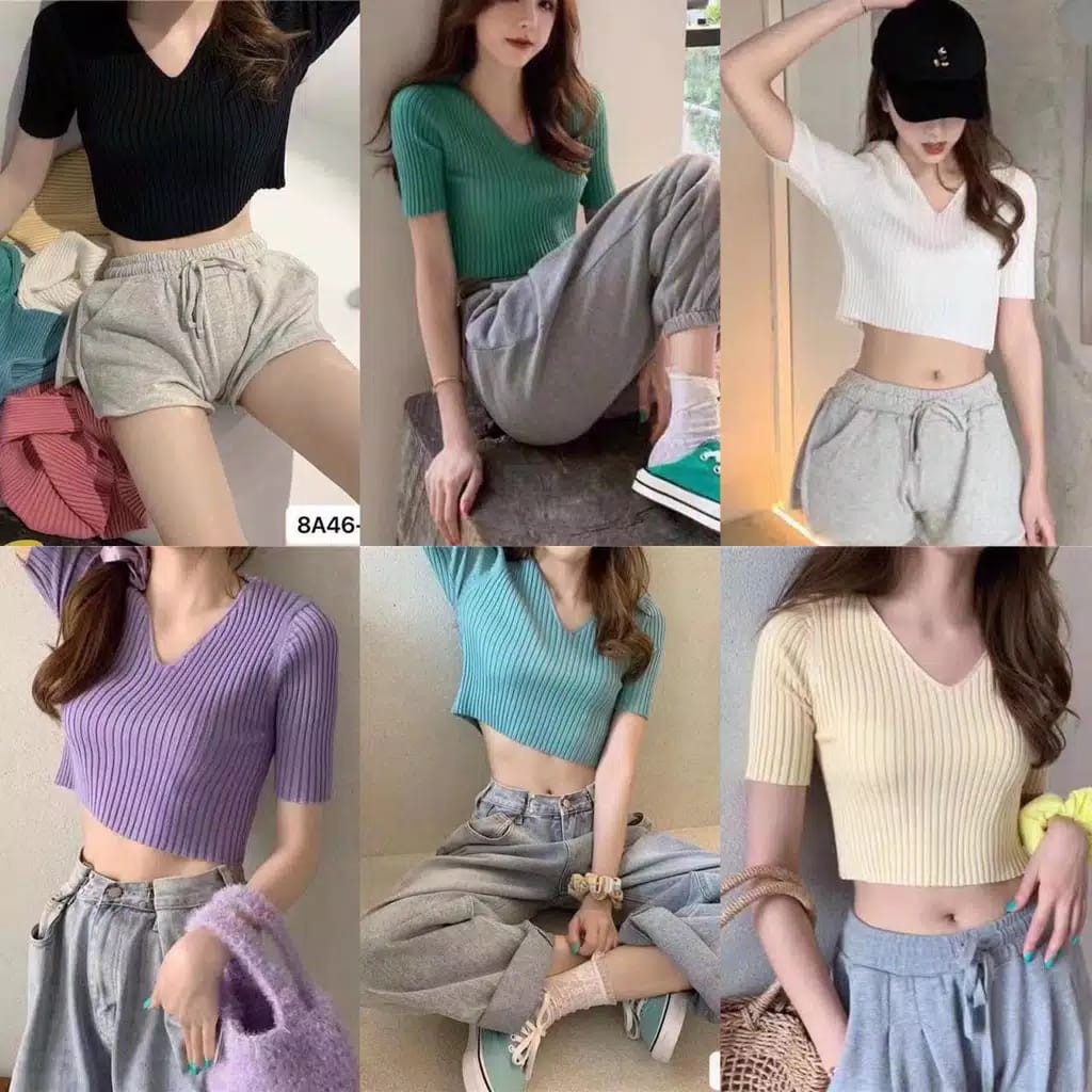 Atasan Baju Crop Top Rajut Wanita - DESNIANI V NECK CROP rib - Kaos V Neck Rajut Rib